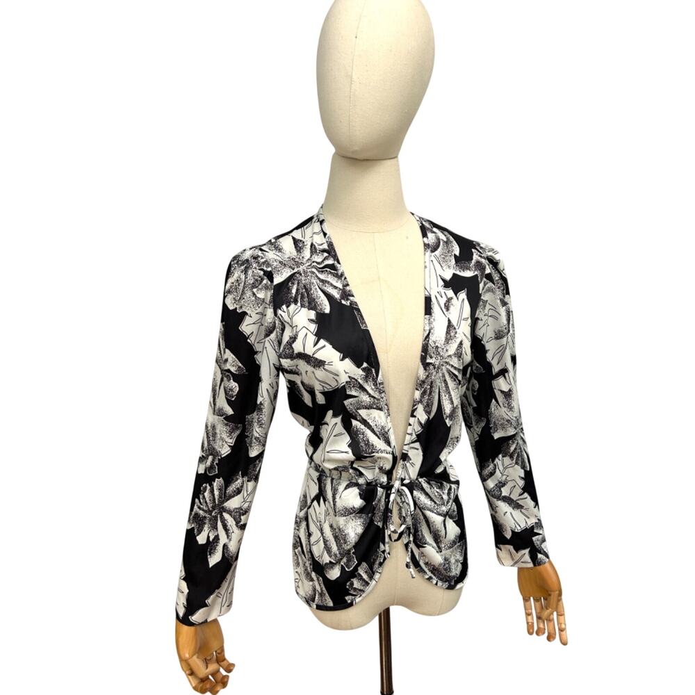 70s Lady Blair Black White Abstract Tie Front Long Sleeve Blouse